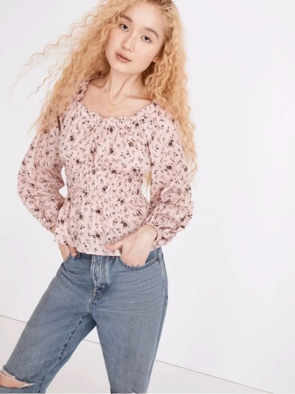 MADEWELL Sophia Floral Smocked Peplum Blouse Pink Long Sleeve Top Size XXS
